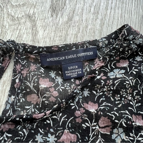 American Eagle Black Floral Ruffle-Trim Cold Shoulder Blouse | Size Small - Picture 4 of 15
